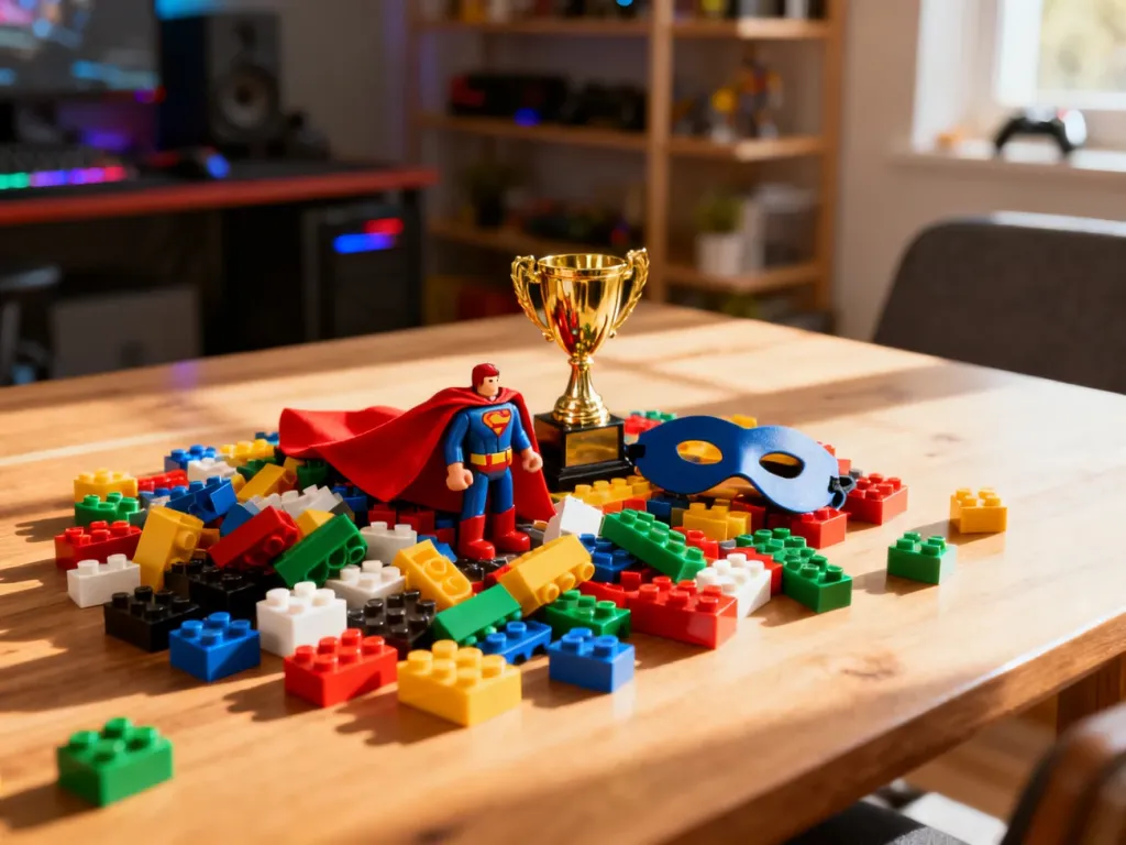 Kolorowe klocki, maska superbohatera i złota figurka trofeum na drewnianym stole, symbolizujące ukończenie gry Lego.