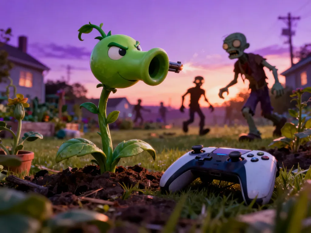 Roślina strzelająca groszkiem na tle ogrodu z nadchodzącymi zombiakami oraz kontrolerem do konsoli PS4.