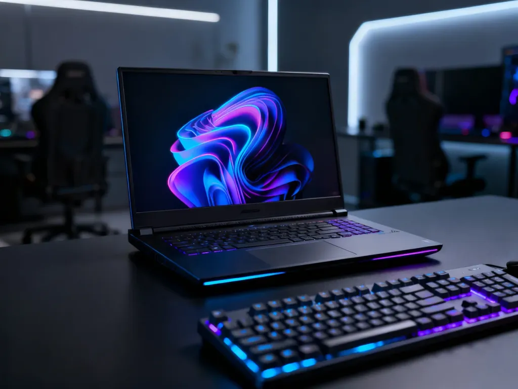 Wydajny laptop gamingowy z podświetlaną klawiaturą na minimalistycznym biurku w nowoczesnym pokoju gracza.