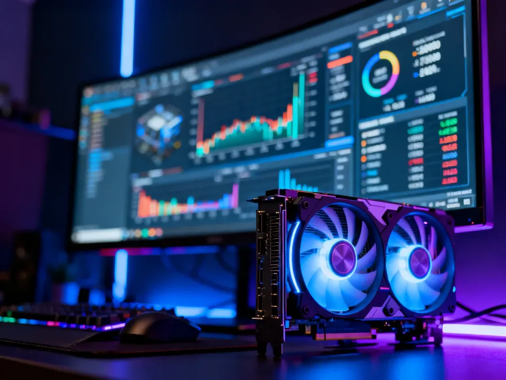 Nowoczesny komputer gamingowy z podświetleniem RGB i panelem diagnostycznym na monitorze, ilustrujący analizę wydajności sprzętu.
