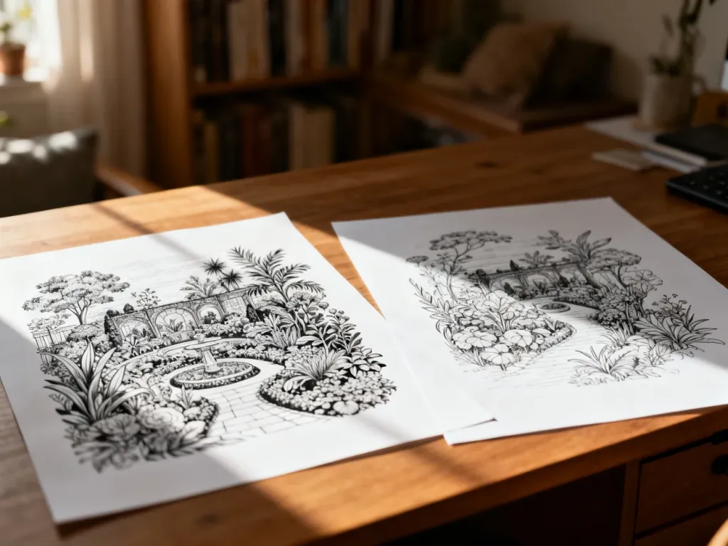 Dwie szczegółowe ilustracje botaniczne do porównywania, leżące na drewnianym biurku w przytulnym wnętrzu.