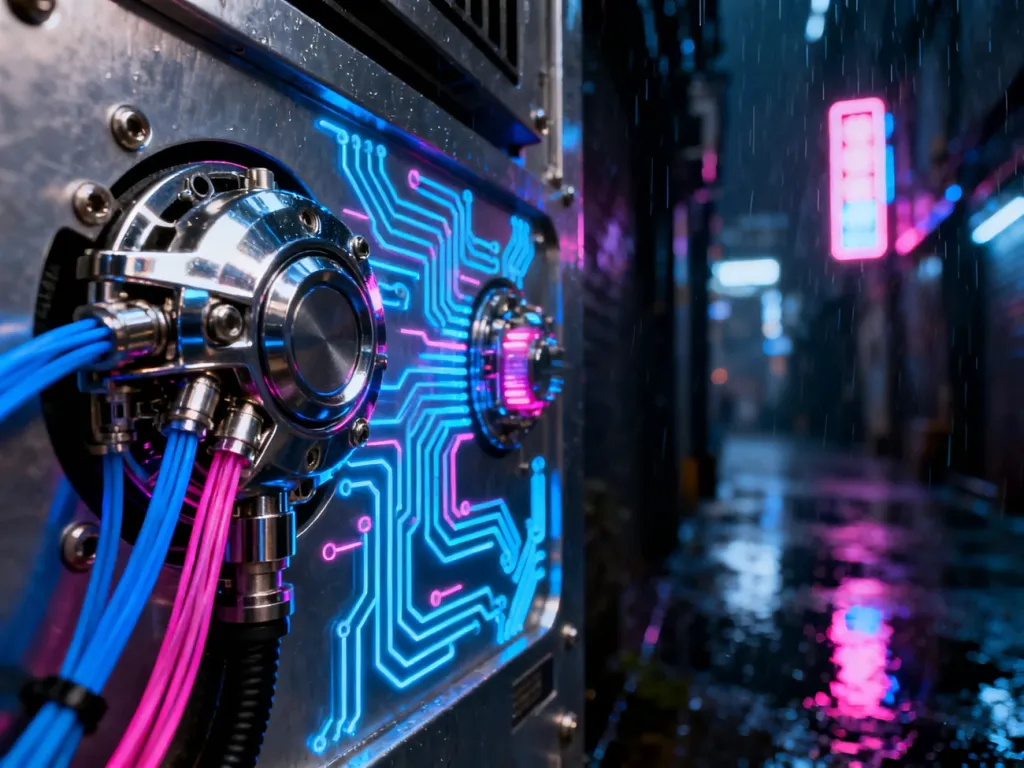 Zbliżenie na cybernetyczne implanty i neonowe kable, podkreślające futurystyczny klimat świata Cyberpunka.