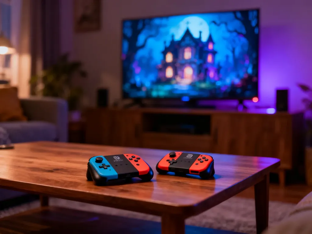Dwa kontrolery Nintendo Switch na stoliku w salonie, przygotowane do wspólnej rozgrywki w Luigi's Mansion 3.