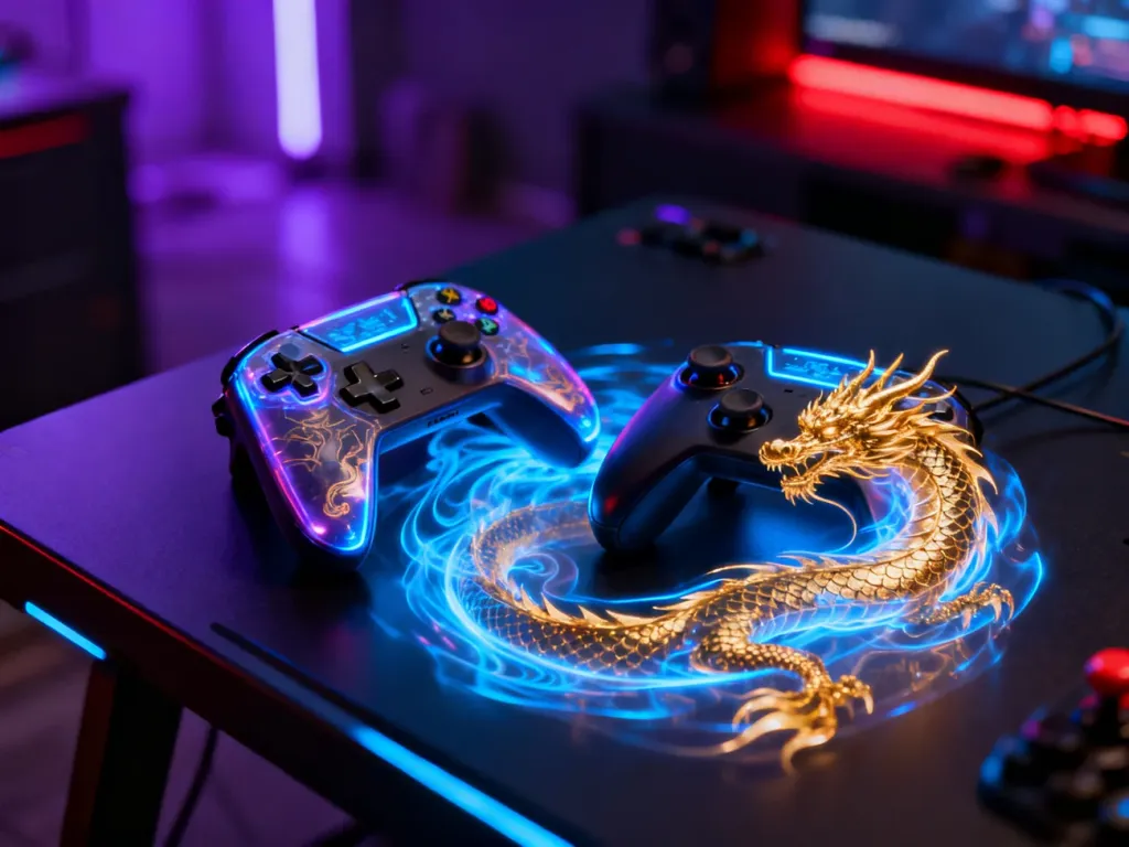 Dwa podświetlane kontrolery do gier na ciemnym biurku, otoczone neonową energią w klimacie Mortal Kombat.