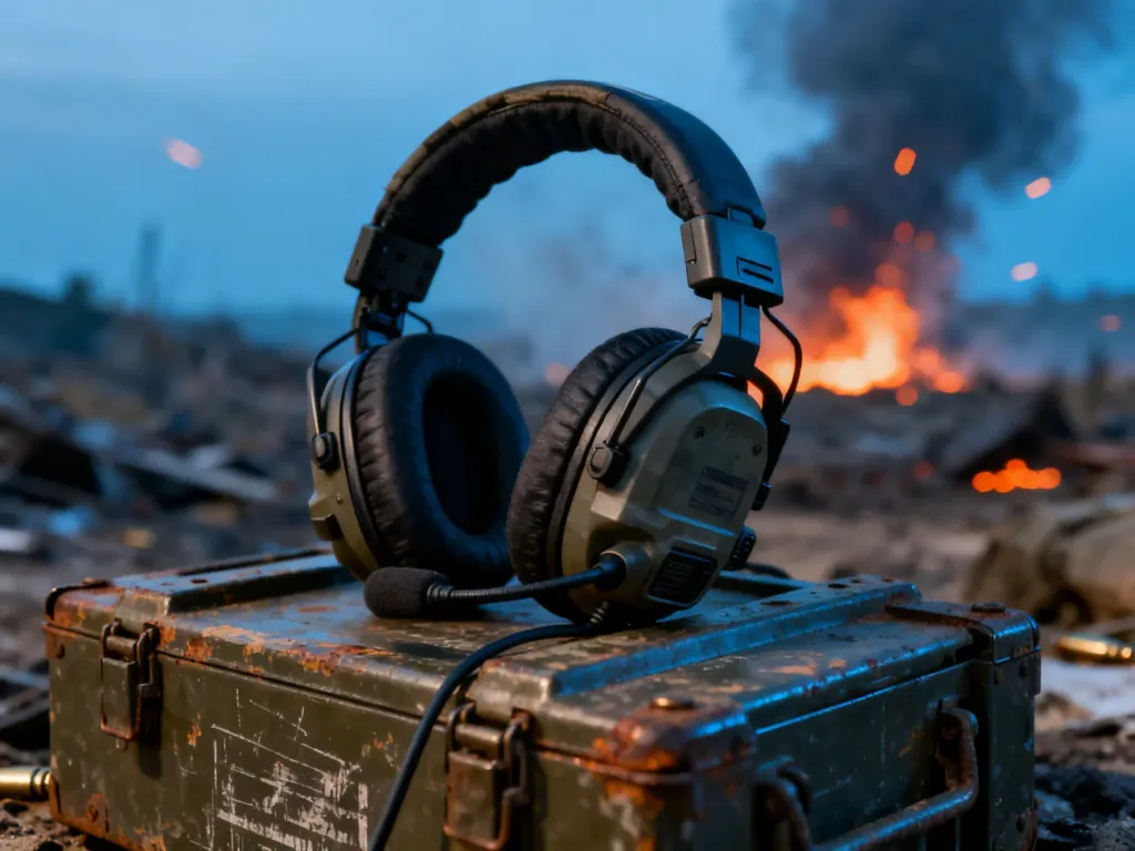 Nowoczesny zestaw słuchawkowy taktyczny na metalowej skrzyni z amunicją na tle pola bitwy w Battlefield 4.