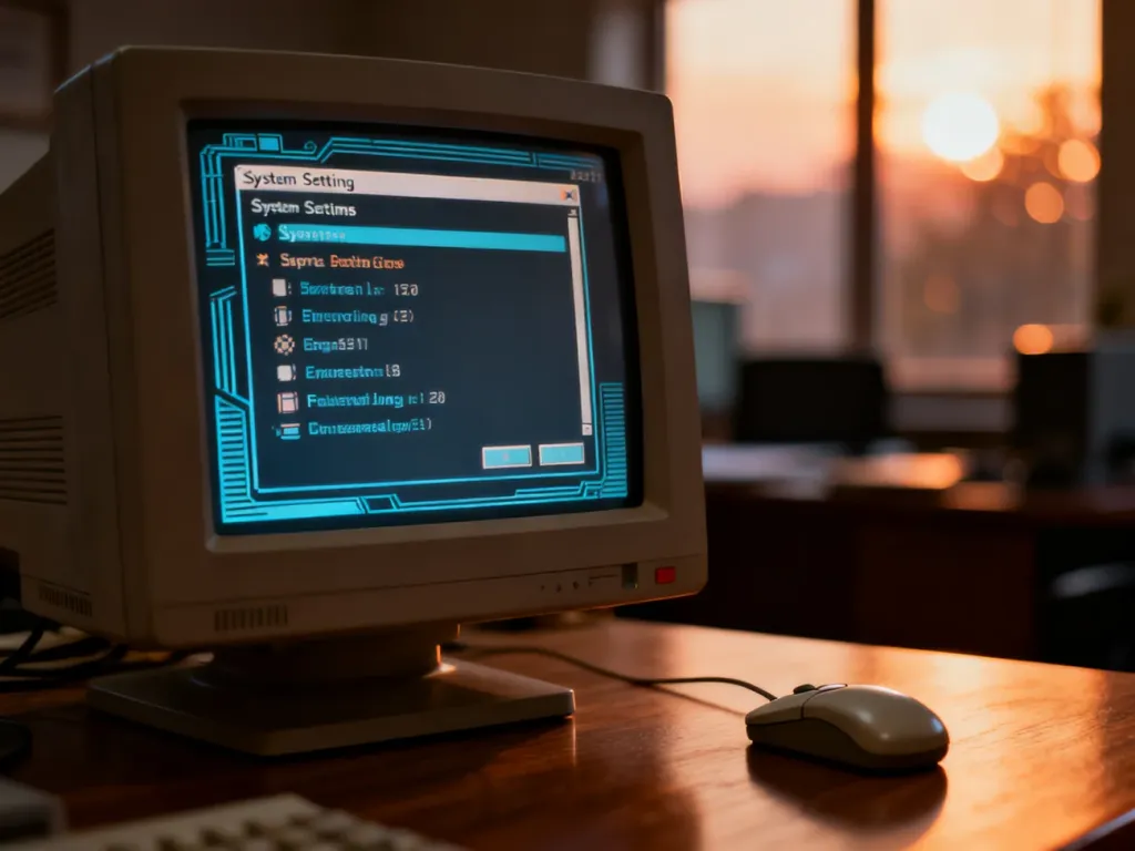 Monitor retro z otwartym menu ustawień systemowych na drewnianym biurku, nawiązujący do konfiguracji trybu zgodności.