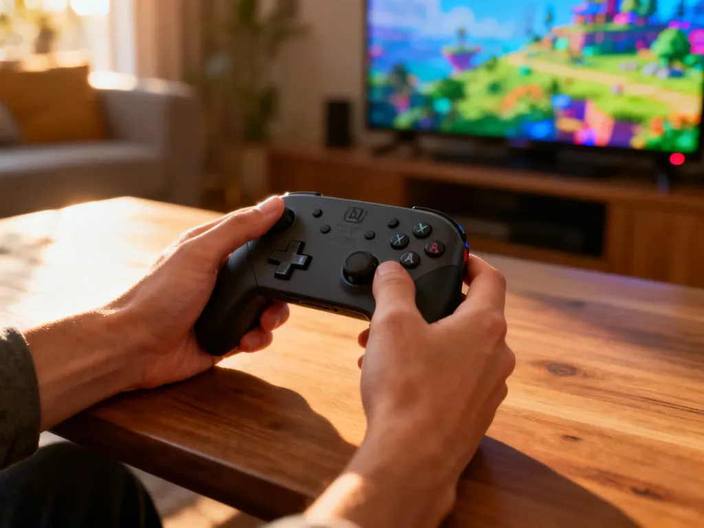 Osoba trzymająca konsolę Nintendo Switch w przytulnym salonie, gotowa do rozpoczęcia rozgrywki.