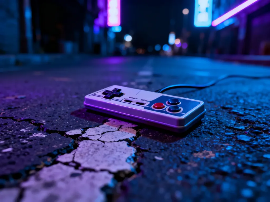 Kontroler do gier leżący na zniszczonym asfalcie w klimacie nocnego miasta, nawiązujący do estetyki GTA 3.