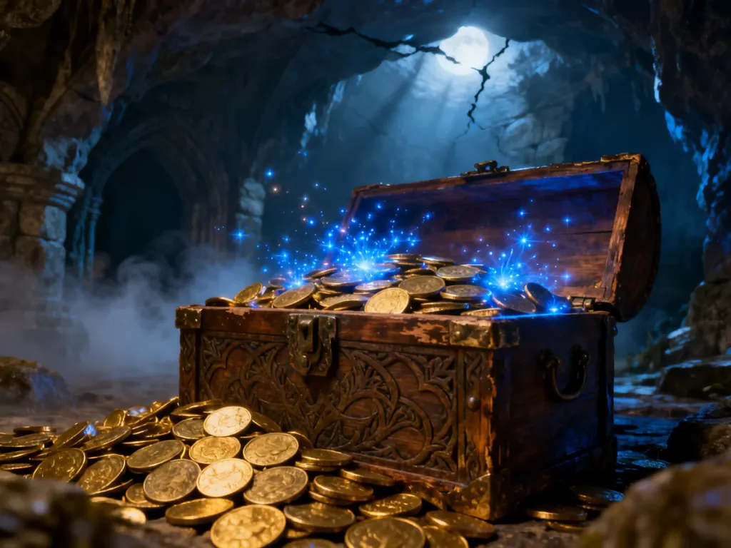 Starodawna skrzynia pełna złotych monet i magicznej energii, w której ukrywa się Gimmighoul w mrocznej jaskini.
