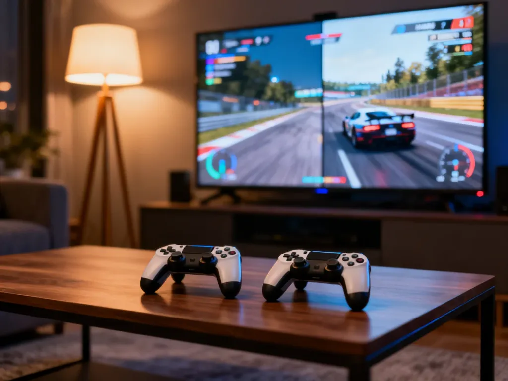 Dwa kontrolery do konsoli PS4 leżące na stoliku przed telewizorem z włączoną grą w trybie podzielonego ekranu.