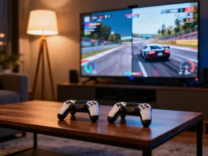 Dwa kontrolery do gier na kuchennym stole w otoczeniu warzyw, ilustrujące wspólną rozgrywkę w Overcooked.