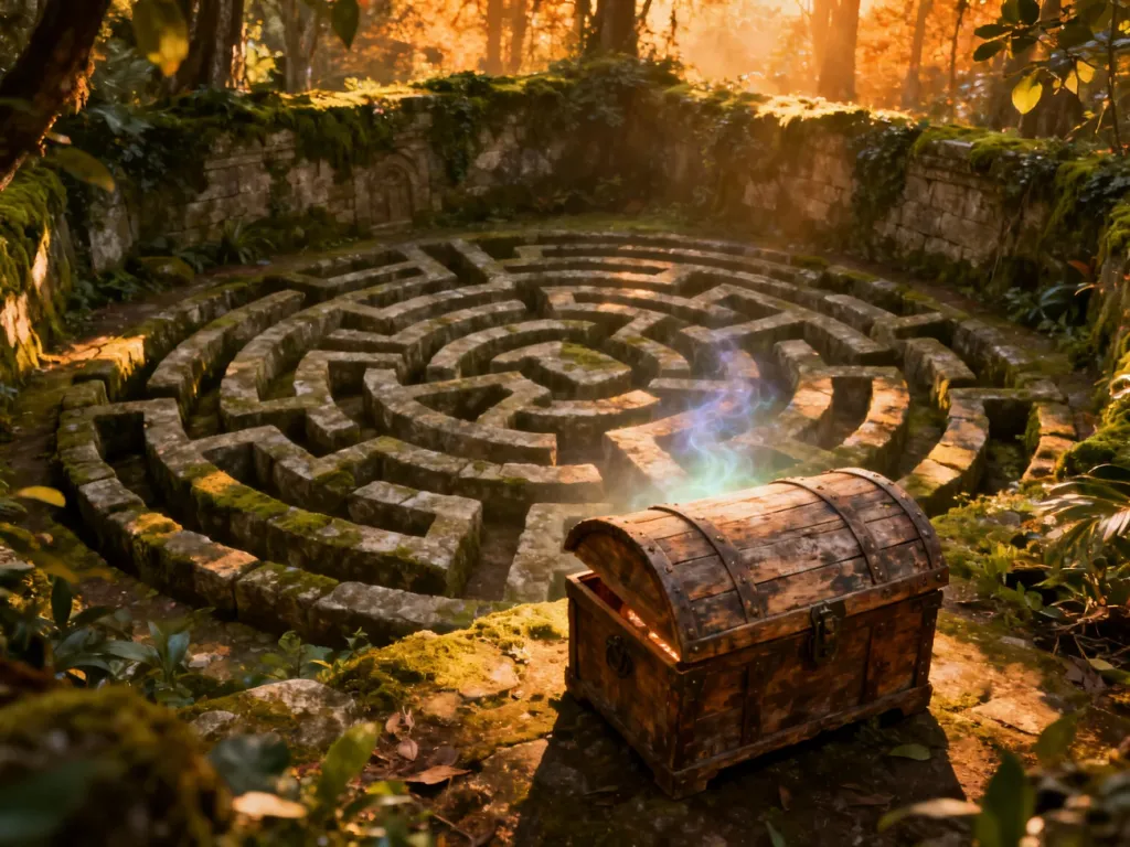 Otwarta skrzynia skarbów z magicznym blaskiem wewnątrz starożytnego, zarośniętego labiryntu w lesie.