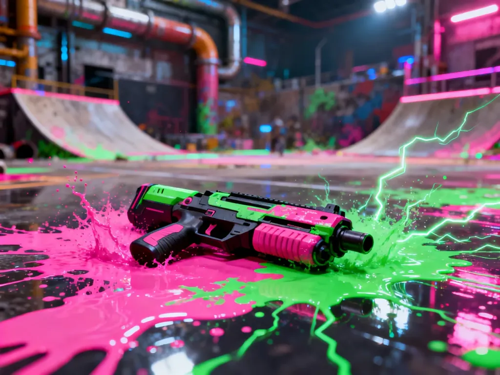 Dynamiczna arena w grze Splatoon 2 z neonowymi plamami farby i futurystyczną bronią na pierwszym planie.