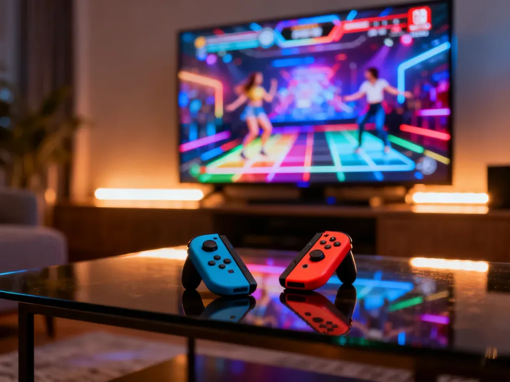 Kontrolery Joy-Con leżące na stoliku kawowym przed telewizorem z uruchomioną grą taneczną na konsolę Nintendo Switch.