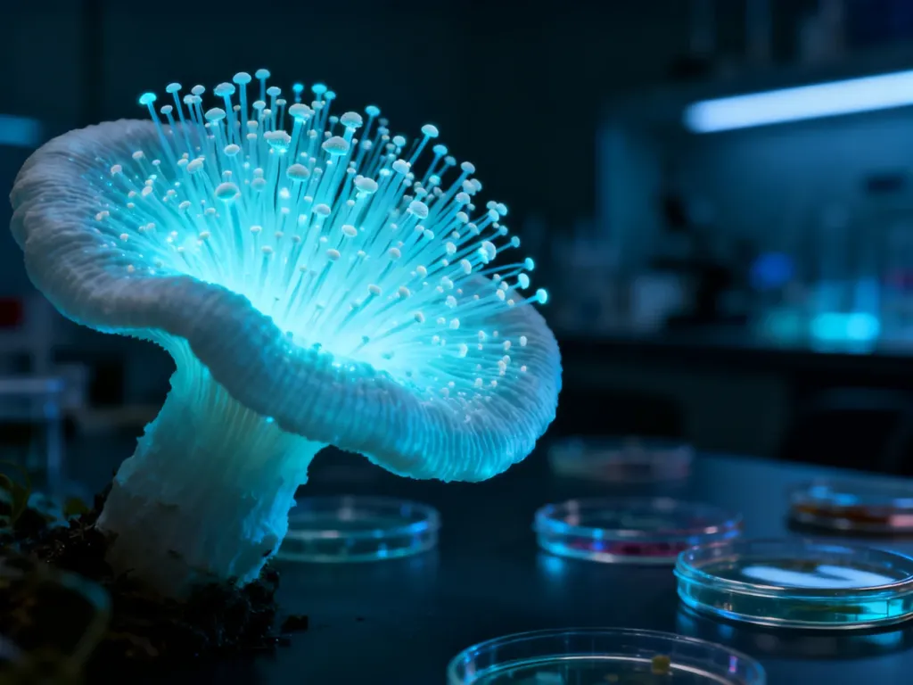 Świecące skupisko zarodników grzyba w mrocznym laboratorium, ilustrujące wyzwania scenariusza w grze Plague Inc.