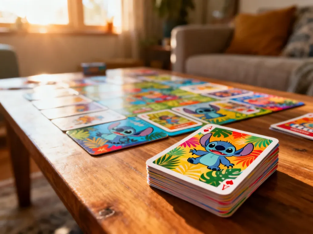 Kolorowe karty do gry Uno z motywem Lilo i Stitch rozłożone na drewnianym stole w przytulnym, słonecznym pokoju.