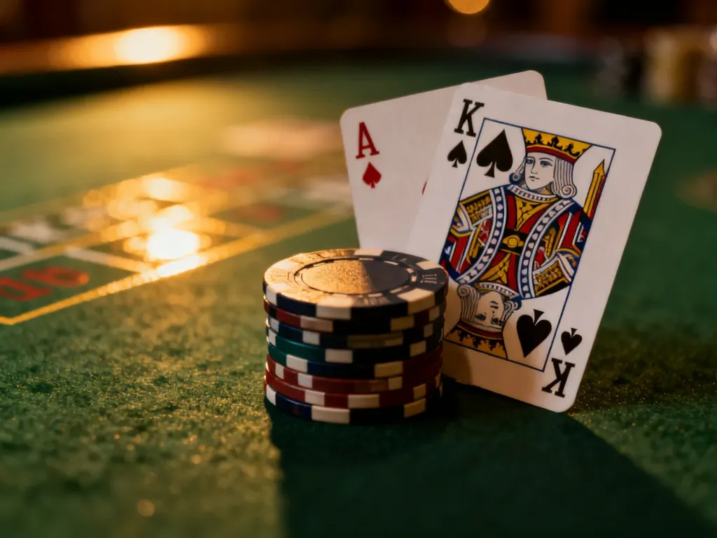 Profesjonalny stół do blackjacka z żetonami oraz układem kart typu blackjack, symbolizującym wygraną.