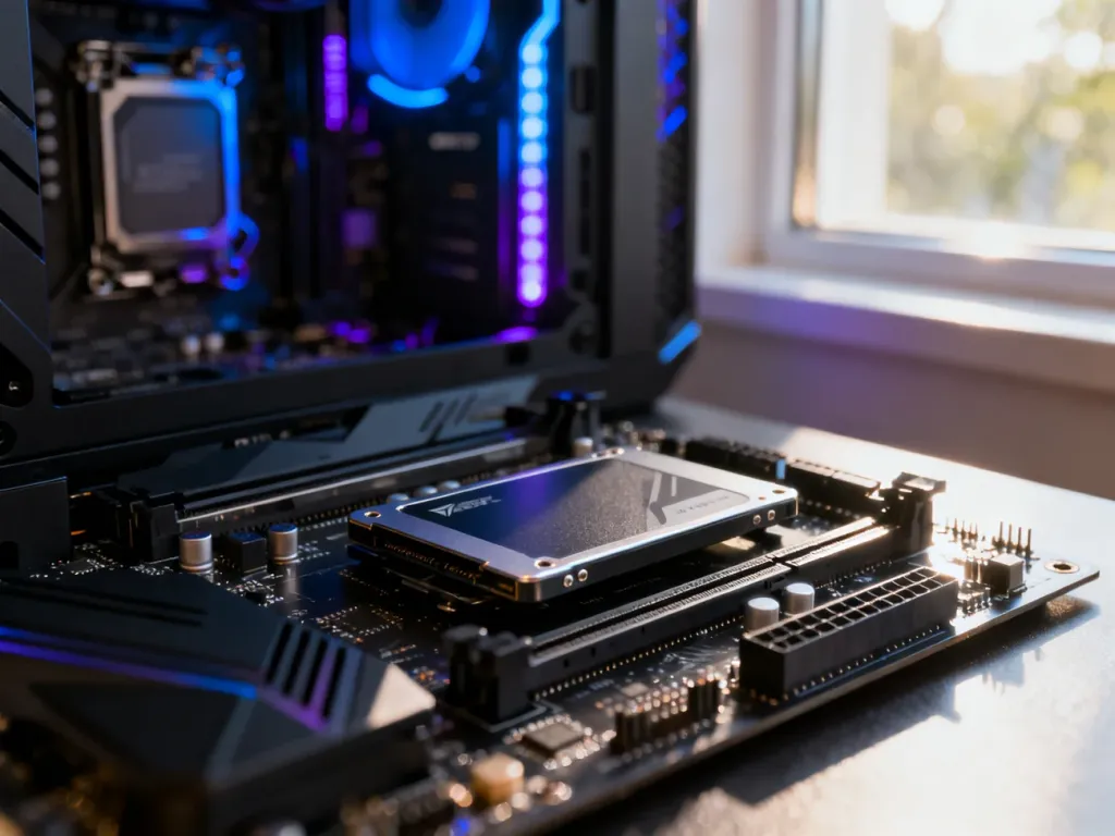 Wnętrze komputera z zamontowanym dyskiem SSD na płycie głównej, podkreślające nowoczesną technologię gamingową.