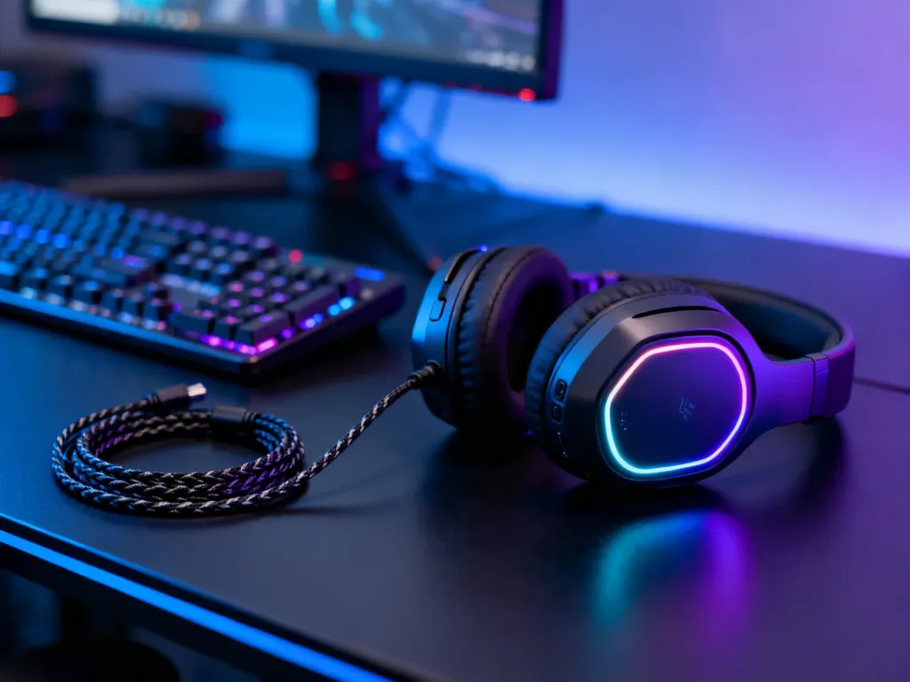 Nowoczesne słuchawki gamingowe z podświetleniem RGB na biurku, prezentujące porównanie modeli przewodowych i bezprzewodowych.
