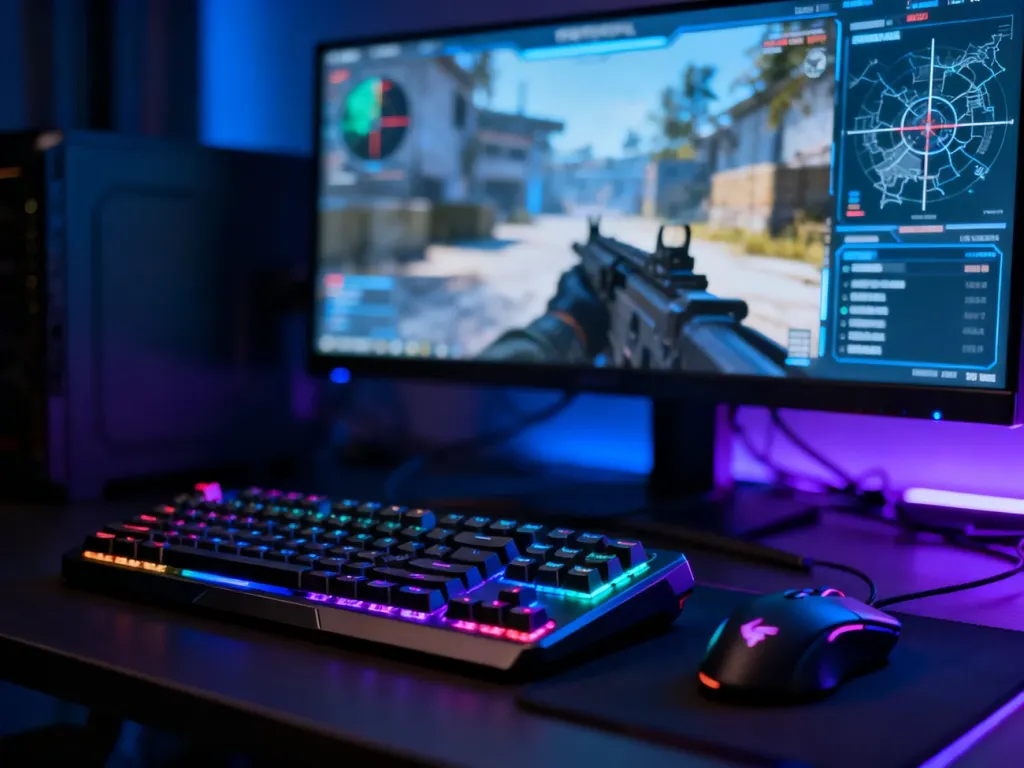 Nowoczesne stanowisko gracza z podświetlaną klawiaturą i monitorem wyświetlającym interfejs gry typu FPS.
