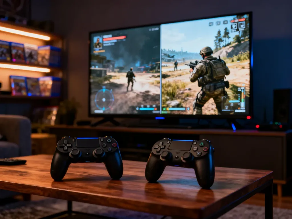 Dwa kontrolery na stoliku przed telewizorem z włączonym trybem podzielonego ekranu w grze Call of Duty WW2.