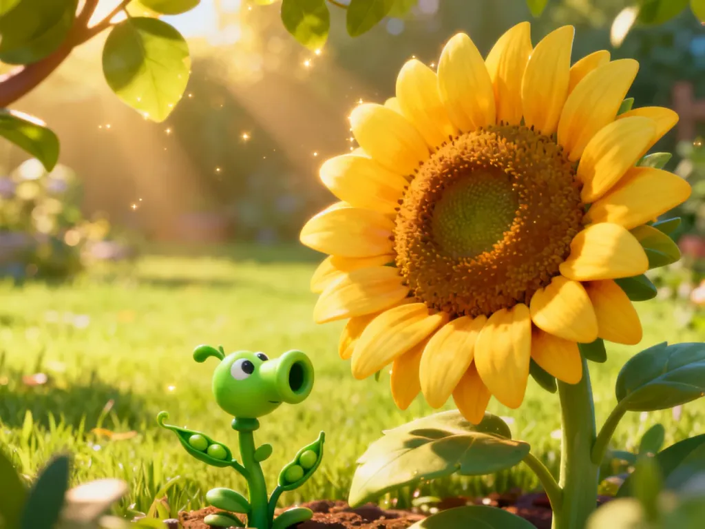 Stylizowany słonecznik i grochostrze w ogrodzie, nawiązujące do estetyki gry Plants vs. Zombies.