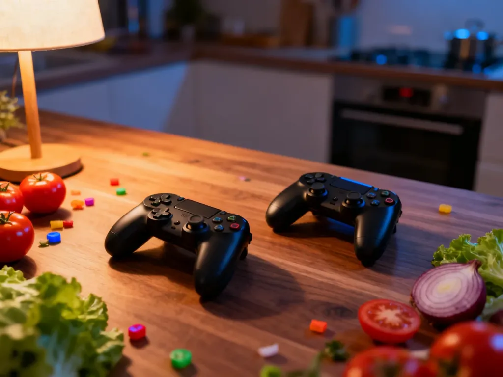 Dwa kontrolery do gier na kuchennym stole w otoczeniu warzyw, ilustrujące wspólną rozgrywkę w Overcooked.