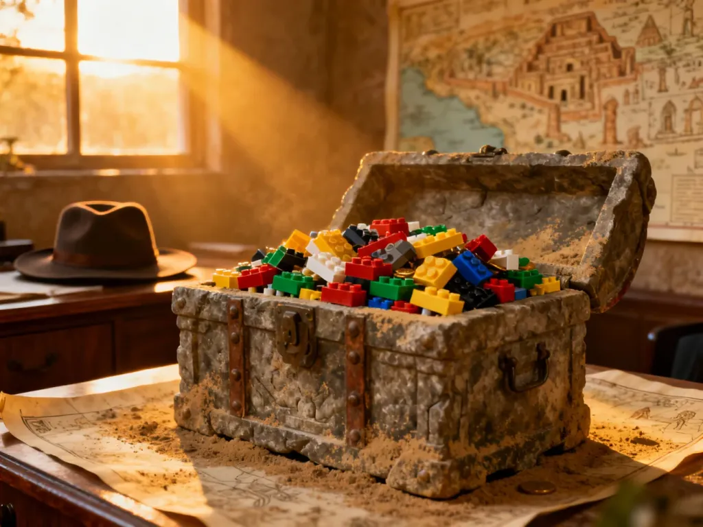 Starożytna skrzynia pełna klocków Lego na tle mapy i kapelusza w klimacie przygód Indiany Jonesa.
