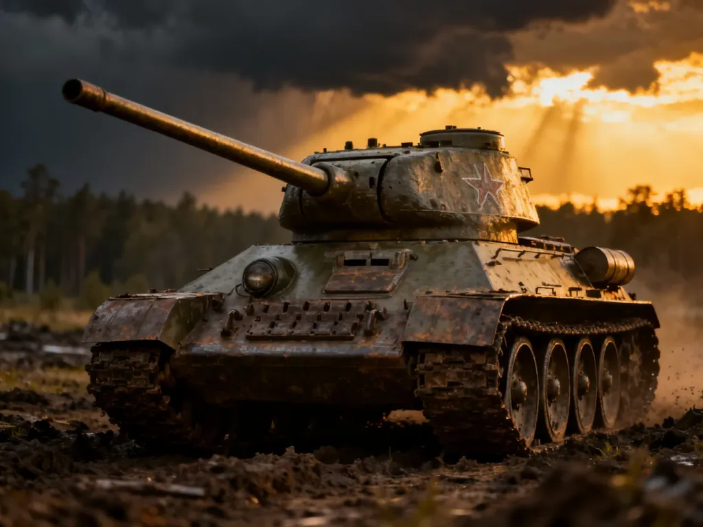 Legendarny czołg średni T-34-85 Rudy na polu bitwy w świetle zachodzącego słońca.