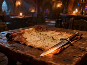 Otwarta, starodawna księga z magicznymi runami leżąca na drewnianym stole w klimatycznym warsztacie alchemika.