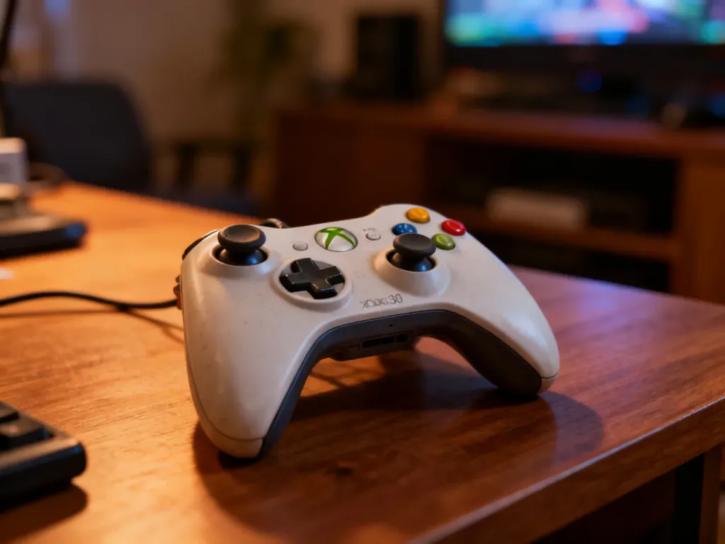 Kontroler do konsoli Xbox 360 leżący na drewnianym biurku w klimatycznym pokoju gracza.