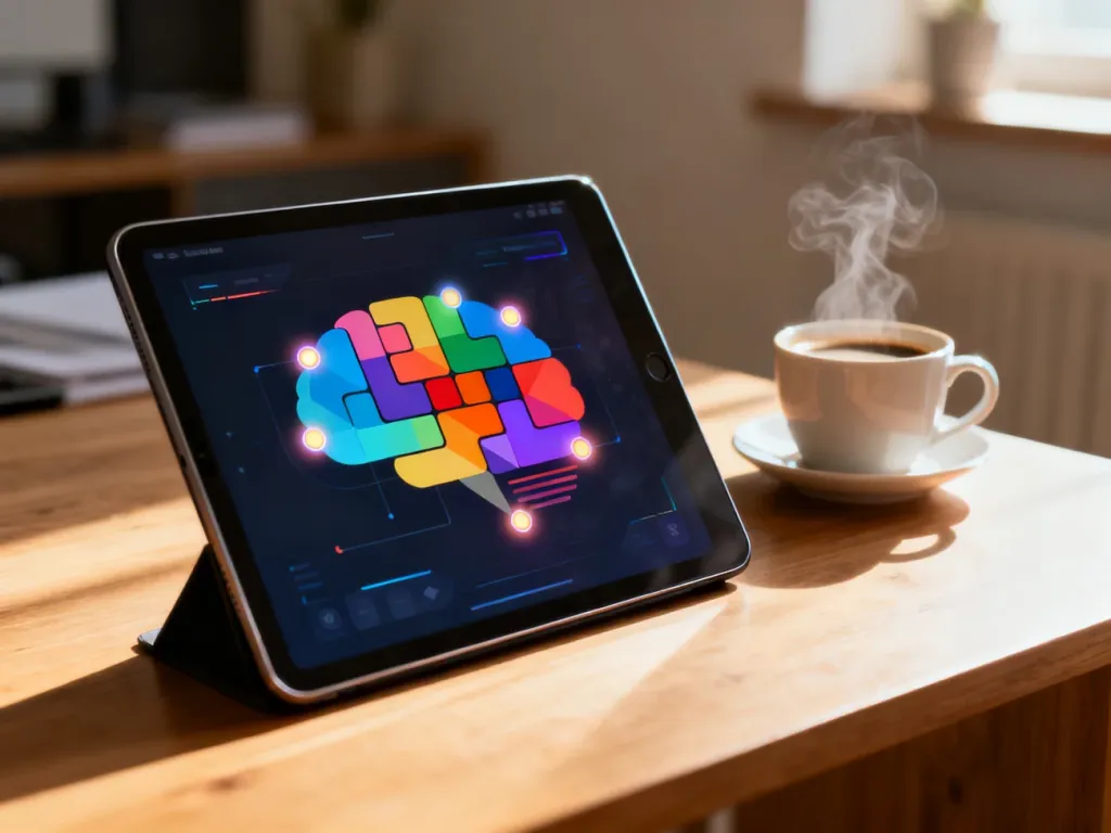Tablet z kolorową grą logiczną na drewnianym biurku, ilustrujący trening mózgu w przytulnym domowym biurze.