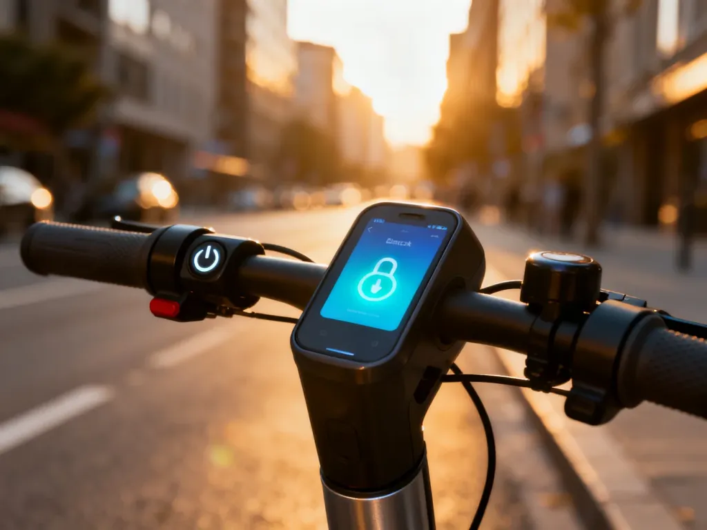 Zbliżenie na kierownicę i wyświetlacz hulajnogi elektrycznej z ikoną odblokowania w aplikacji mobilnej.