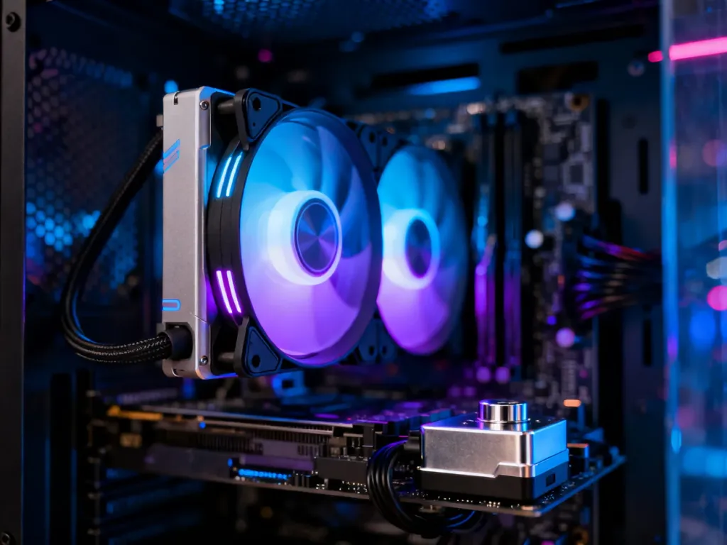 Nowoczesny układ chłodzenia cieczą typu AIO z podświetleniem RGB zamontowany na płycie głównej w gamingowym komputerze.