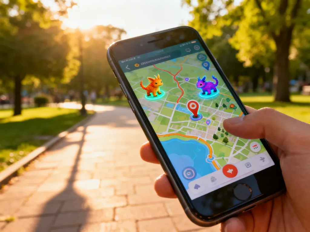 Ekran smartfona z mapą gry Pokemon GO na tle słonecznego parku, ilustrujący rozgrywkę w terenie.