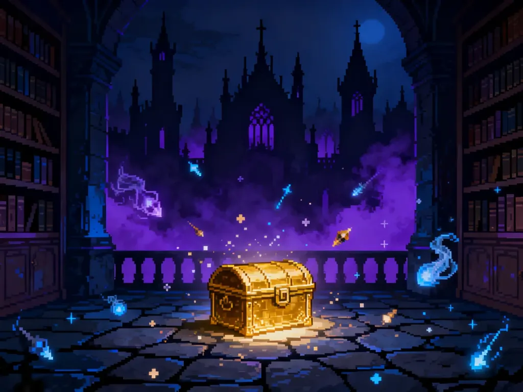 Mroczna biblioteka w stylu retro z magiczną skrzynią skarbów i efektami czarów w grze Vampire Survivors.