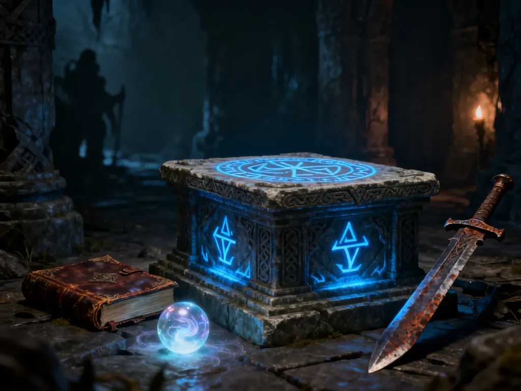 Mroczny ołtarz z runami i magicznymi przedmiotami w klimacie dark fantasy, nawiązujący do świata Diablo 2.