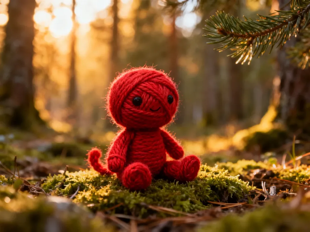Yarny, mały stworek z czerwonej włóczki, siedzi na mchu w klimatycznym, skandynawskim lesie o zachodzie słońca.