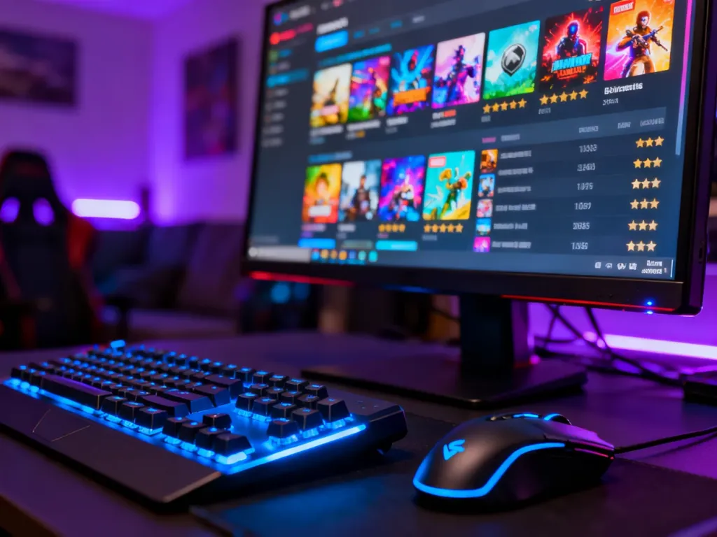 Nowoczesny monitor z biblioteką gier Steam oraz podświetlana klawiatura i mysz w przytulnym pokoju gracza.
