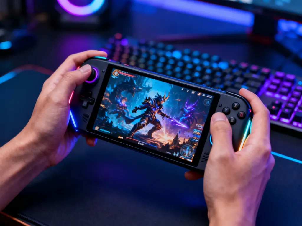 Przenośna konsola MSI Claw z podświetleniem RGB, na której uruchomiona jest dynamiczna gra fantasy.