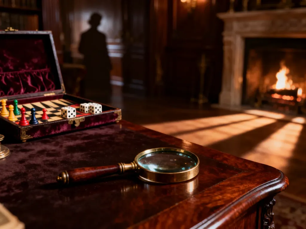 Lupa leżąca na mahoniowym stole w klimatycznym gabinecie, nawiązująca do detektywistycznego charakteru gry Cluedo.
