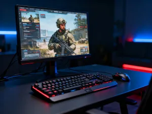 Błyszcząca dźwignia automatu do gry w kasynie w otoczeniu neonowych świateł i konfetti.