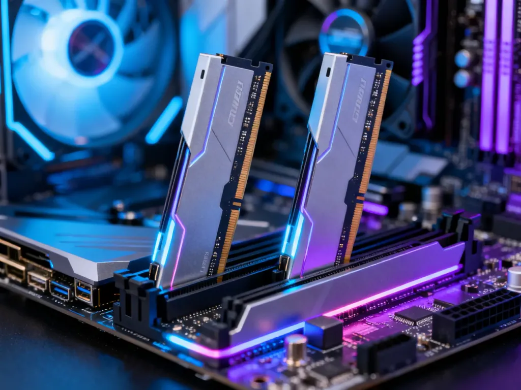 Dwie nowoczesne kości pamięci RAM z podświetleniem RGB zamontowane na płycie głównej komputera gamingowego.