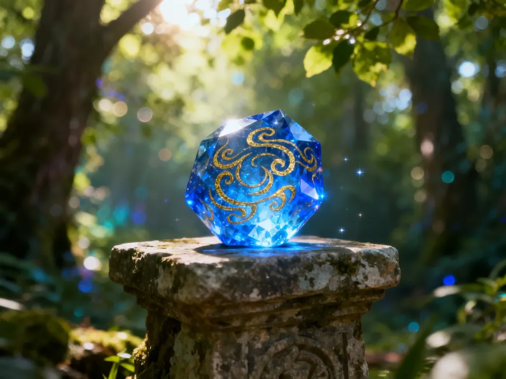 Świecący Kamień Sinnoh spoczywający na starożytnym postumencie w magicznym lesie.