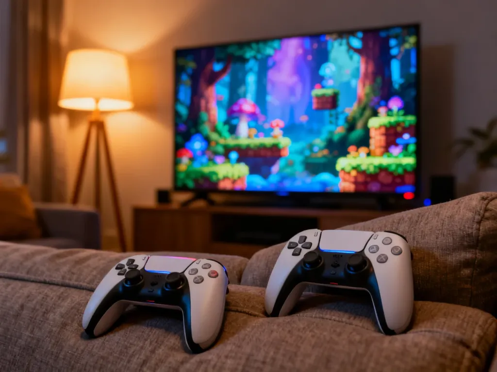 Dwa pady leżące na kanapie przed telewizorem z włączoną grą Rayman Legends, gotowe do wspólnej zabawy.