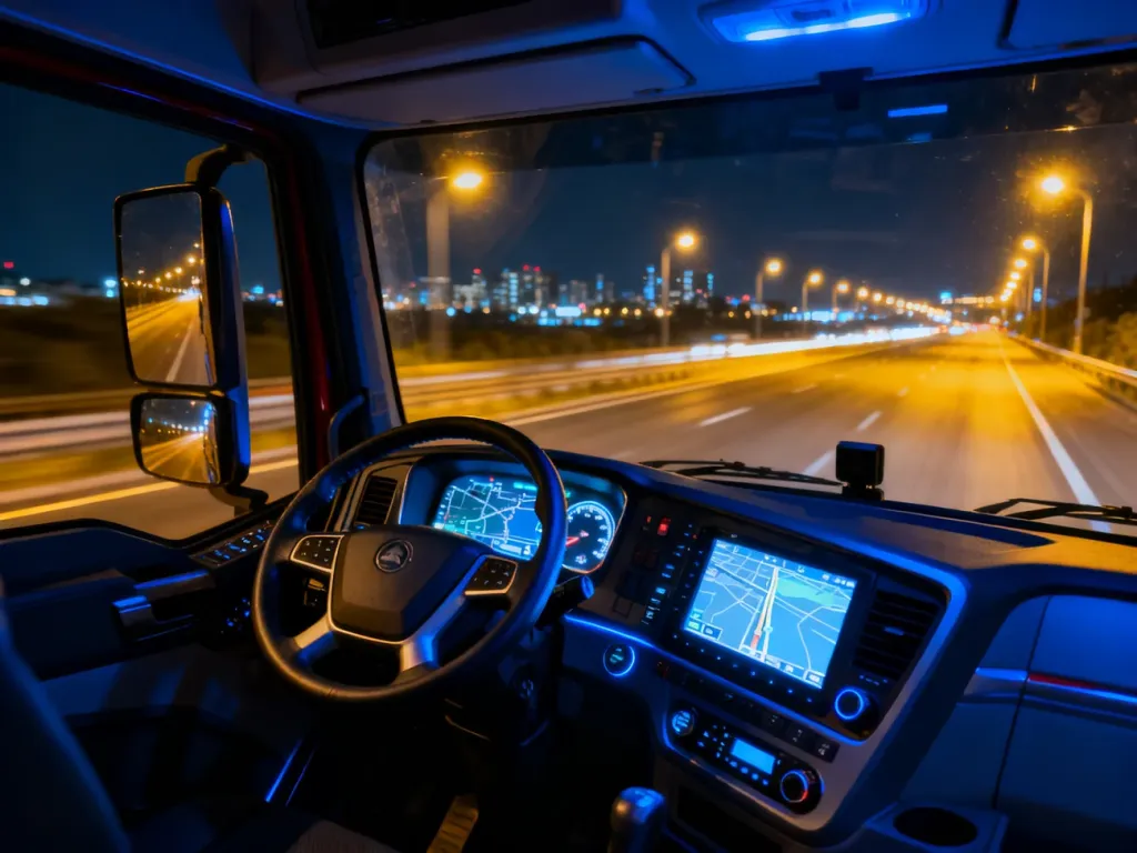 Wnętrze kabiny ciężarówki w Euro Truck Simulator 2 nocą, z podświetloną deską rozdzielczą i widokiem na oświetloną autostradę.
