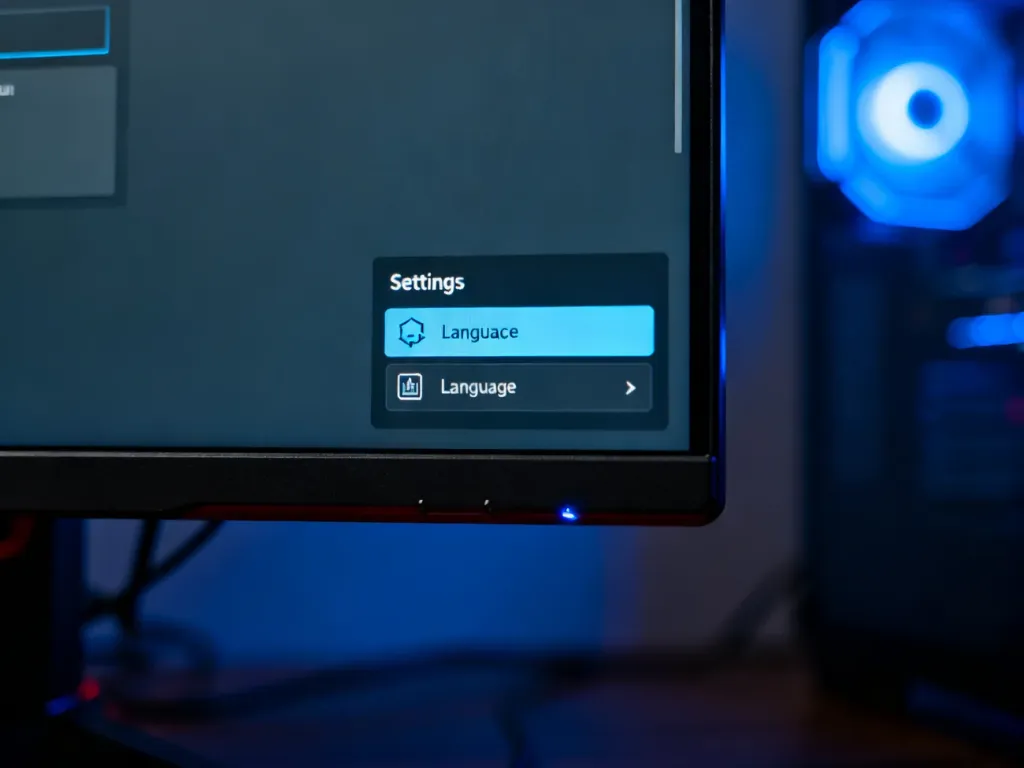 Monitor komputera z otwartym menu ustawień gry, wskazujący na opcję wyboru języka w nastrojowym oświetleniu.