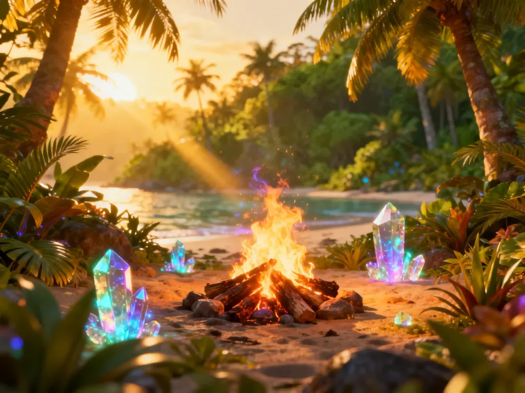 Tropikalna wyspa z ogniskiem i magicznymi kryształami energii w grze Family Island.