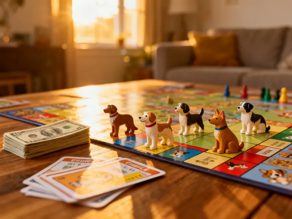 Kolorowa plansza do gry Monopoly Psy z figurkami ras psów, pieniędzmi i kartami na drewnianym stole w słonecznym salonie.