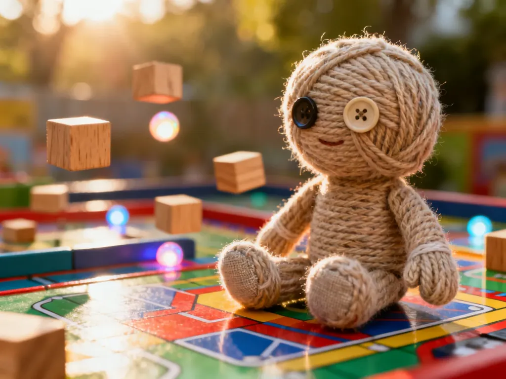 Sackboy siedzi na kolorowej platformie przed wymagającym torem przeszkód z lewitującymi klockami.